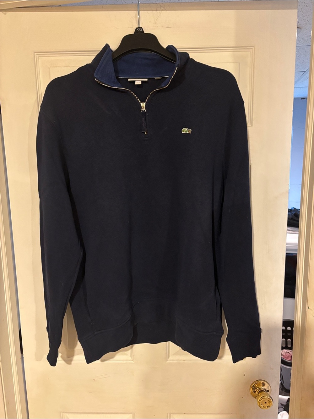Lacoste Men's Dark Navy Quarter-Zip Sweater with Crocodile Logo. US Size XL.